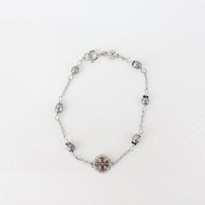 Tory Burch Miller Pave Logo Cultured Pearls Bracelet Silver OS